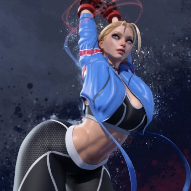 street fighter, street fighter 6, cammy white, popogori, belly button, big ass, big breasts, big butt, blonde hair, blue eyes, bottomwear, clothed female, clothing, female, female focus