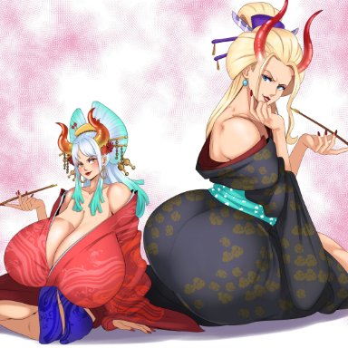 one piece, black maria, yamato (one piece), sunnysundown, 2girls, ass, ass in dress, bare shoulders, big ass, big breasts, big butt, blonde hair, blue eyes, breasts, cleavage