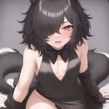 original, nixer, nixer (ai), 1boy, bed, black dress, black hair, crossdressing, excited, femboy, fox ears, fox tail, looking at viewer, looking up, on bed