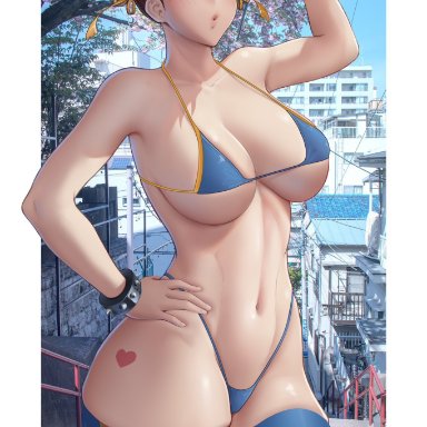 street fighter, chun-li, melowh, 1girls, big boobs, big breasts, big tits, bikini, boobs, breasts, brown hair, brunette, city, city background, curvaceous