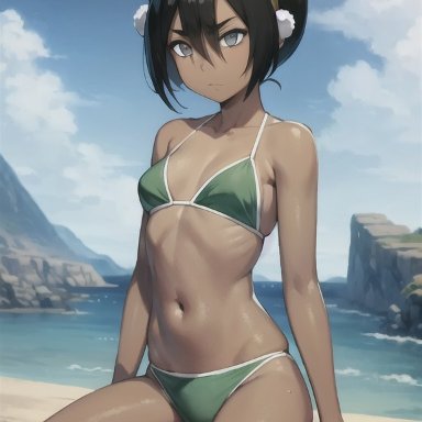 avatar the last airbender, toph bei fong, nai diffusion, stable diffusion, 1girls, annoyed, bangs, bare arms, bare shoulders, beach, bikini, black hair, blind, blue sky, breasts