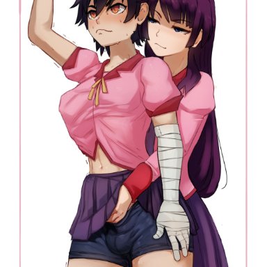 monogatari (series), kanbaru suruga, senjougahara hitagi, seraziel, 1futa, 1girls, arm up, balls, bandaged arm, bandages, black hair, black shorts, black thighhighs, blue eyes, breast grab