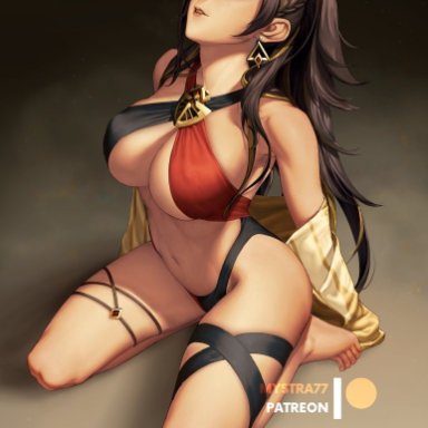 genshin impact, dehya (genshin impact), mystra77, 1girls, barely clothed, big breasts, blue eyes, breasts, brown hair, earrings, female, female focus, female only, hips, huge boobs