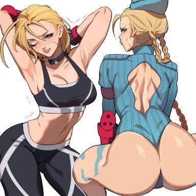 street fighter, street fighter 6, cammy white, porqueloin, 1girls, 2girls, arched back, armpits, arms up, ass, back, back view, belly, belly bulge, big ass