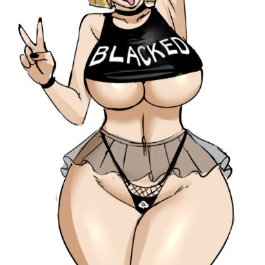 blacked, dragon ball, dragon ball super, dragon ball z, android 18, blacked clothing, blonde hair, blue eyes, gtsn17, queen of spades, thick thighs, thong, topwear, transparent clothing, underboob