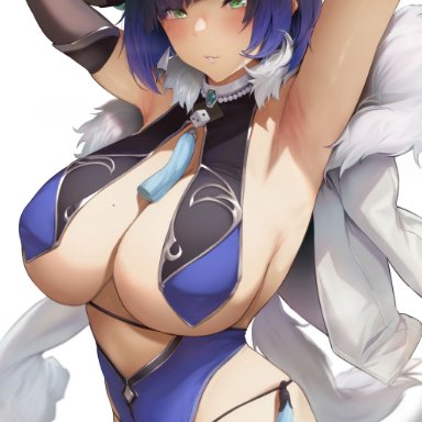 genshin impact, yelan (genshin impact), kurowa, armpits, arms behind head, arms up, beauty mark, breasts, female, female only, looking at viewer, mole on breast, sideboob, solo, white background