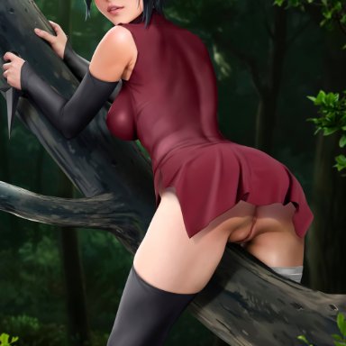 naruto, sarada uchiha, yi qiang, 1girls, black hair, bottomless, looking at viewer, pussy, pussy lips, vagina, absurd res, hi res