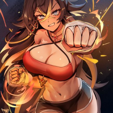 genshin impact, dehya (genshin impact), foxyrain, foxyreine, 1girls, action pose, blue eyes, booty shorts, breasts, brown hair, female, fire, huge breasts, kemonomimi, long hair