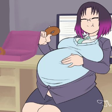 kobayashi-san chi no maidragon, miss kobayashi's dragon maid, elma (dragon maid), tohru (dragon maid), the fudgeman, belly expansion, belly noises, black and purple hair, button pop, clothed, computer, donut, feeding, food, glasses