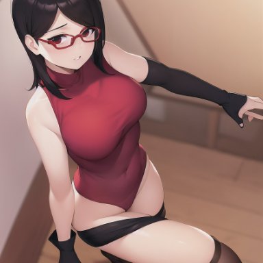 boruto: naruto next generations, naruto, naruto (series), sarada uchiha, nai diffusion, stable diffusion, yaouchiha, bike shorts, curvaceous, curvy, curvy body, curvy figure, eyewear, female, female only