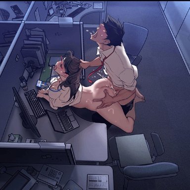 brave new world, seo jeong-sook, yoongonji, ass, black hair, cleavage, glasses, hand on ass, hand on butt, indoors, large ass, large breasts, lee ho-seung, long hair, necktie