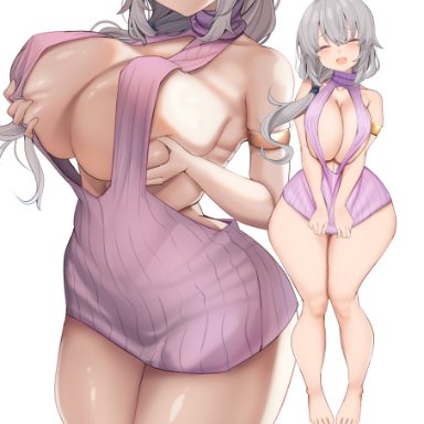 uzaki-chan wa asobitai!, uzaki tsuki, karatakewari, armband, backless dress, backless outfit, bangs, bare shoulders, barefoot, breasts, closed eyes, dot mouth, dress, female, grabbing