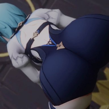 genshin impact, eula (genshin impact), kishi, ass, ass focus, ass shake, blue hair, female, from behind, huge ass, jiggle, leotard, shiny, shiny clothes, shiny hair