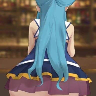 aqua (konosuba), minggoo, 1girls, alcohol, anus, anus peek, ass, ass focus, bangs, bare shoulders, beer, beer mug, blue eyes, blue shirt, blue skirt