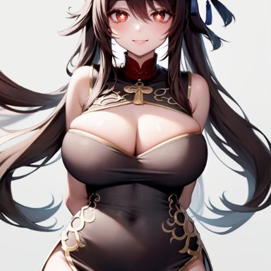 genshin impact, hu tao (genshin impact), nai diffusion, stable diffusion, alternate breast size, breasts, brown hair, busty, china dress, chinese clothes, clothing, female, huge breasts, looking at viewer, red eyes