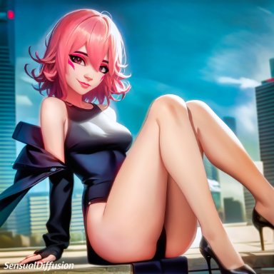 blizzard entertainment, one-punch man, overwatch, kiriko (overwatch), kiriko kamori, tatsumaki, sensualdiffusion, stable diffusion, 1girls, bare legs, city, face tattoo, fingerless gloves, hair between eyes, high heels