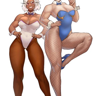 capcom, my hero academia, street fighter, chun-li, miruko, rumi usagiyama, zukululuu, 2girls, bent leg, brown eyes, brown hair, bunny ears, bunny ears (cosmetic), bunny girl, bunnysuit