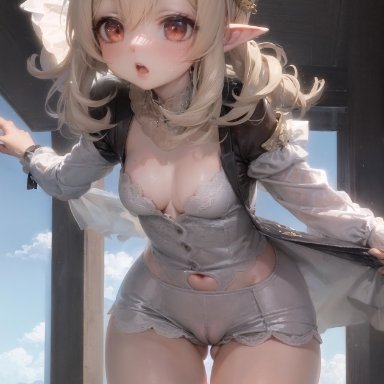 genshin impact, klee (genshin impact), stable diffusion, 1girls, blonde hair, breasts, cameltoe, clothing, elf, elf ears, lace, light-skinned female, light skin, open mouth, pointy ears