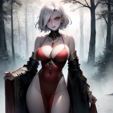 stable diffusion, bare shoulders, breasts, cleavage, dress, earrings, female only, jewelry, necklace, pelvic curtain, red eyes, solo, vampire, vampire girl, white hair