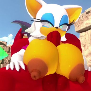 sonic (series), sonic the hedgehog (series), knuckles the echidna, mobian (species), rouge the bat, leviantan581re, big balls, big breasts, big penis, blowjob, boobjob, boobjob during fellatio, deepthroat, face fucking, fellatio