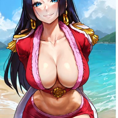 one piece, boa hancock, amiral ai, 1girls, black hair, blue eyes, breasts, cleavage, clothed, female, huge breasts, leaning forward, light-skinned female, light skin, long hair