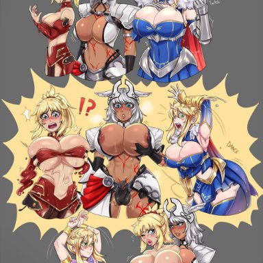 fate/grand order, fate (series), artoria pendragon, artoria pendragon (lancer), caenis (fate), mordred (fate), saber, dateimo, 1girls, 2futas, areolae, ass expansion, belly dancer, belly dancer outfit, big breasts