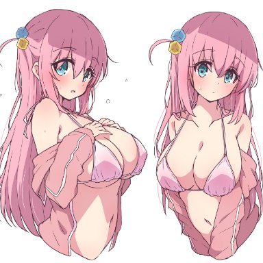 bocchi the rock!, gotou hitori, mel (melty pot), bangs, bare shoulders, bikini, bikini top only, blue eyes, blush, breasts, cleavage, collarbone, cube hair ornament, curvy body, eyes visible through hair