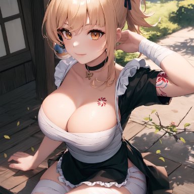 genshin impact, yoimiya (genshin impact), nai diffusion, stable diffusion, bandage, busty, choker, female, maid, orange eyes, orange hair, ponytail, sitting, ai generated