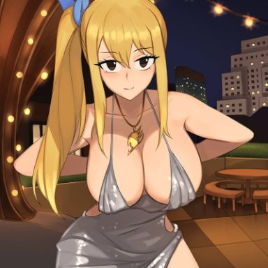 fairy tail, lucy heartfilia, barleyshake, 1girls, arms behind back, bare shoulders, big breasts, blonde hair, breasts, brown eyes, cleavage, clothed, clothing, dress, female