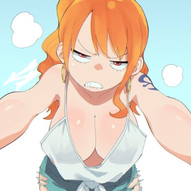 one piece, nami, aetherion art, armpits, big breasts, cleavage, down blouse