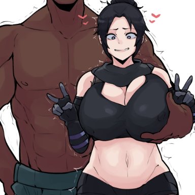 apex legends, wraith (apex legends), horu, &lt;3, 1boy, 1boy1girl, 1girls, big breasts, black hair, bra, dark-skinned male, dark skin, double v, double v sign, erection under clothes