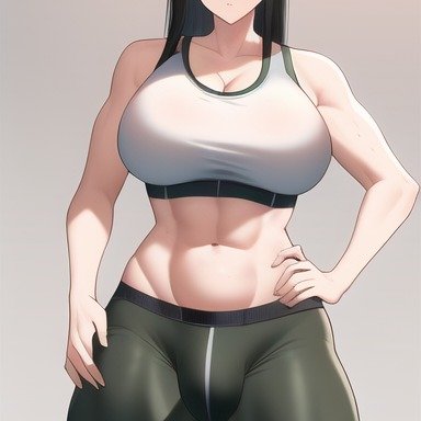 jennifer (xdk141), novelai, black hair, bulge, bulge through clothing, futanari, green eyes, large breasts, leggings, milf, penis under clothes, sports bra, ai generated