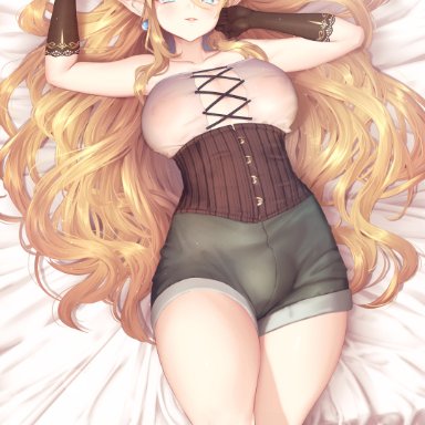 yana (nekoarashi), 1futa, balls, bed, big breasts, blonde hair, blue eyes, boots, breasts, bulge, clothed, clothing, corset, elf, flaccid