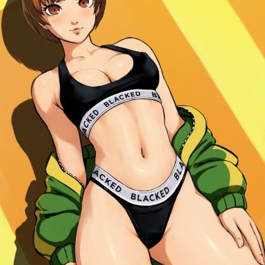blacked, persona, persona 4, satonaka chie, artist request, blacked clothing, casual, clothing, female, female focus, female only, human, outerwear, pale skin, sportswear