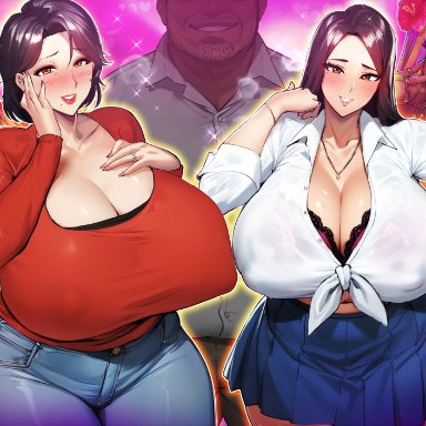 original, oc, original character, original characters, kisuu, 2girls, big breasts, bikini, bimbo, blush, blushing, blushing at viewer, bra, breasts bigger than head, curvaceous