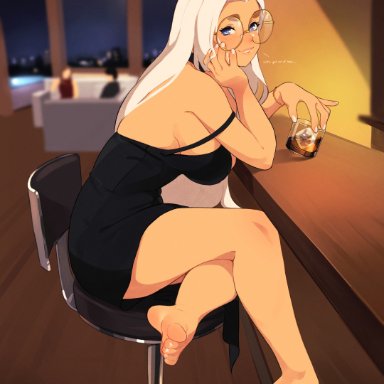 june (squeezable), squeezable, 1girls, :), bar stool, barefoot, big breasts, black dress, blue eyes, blush, bracelet, chest, crossed legs, dress, feet