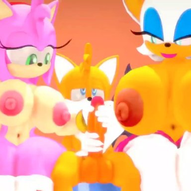 sega, sonic (series), amy rose, rouge the bat, tails, leviantan581re, 1boy2girls, 2girls, 2girls1boy, age difference, anthro, big breasts, big penis, clapping breasts, double handjob