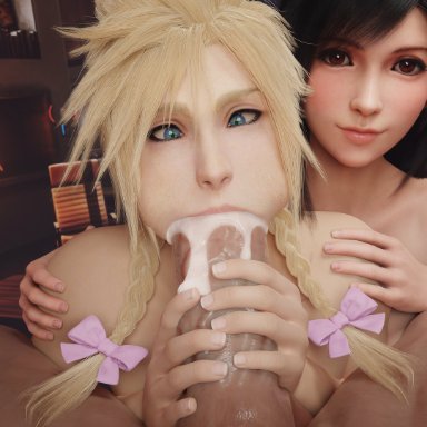 final fantasy, final fantasy vii, final fantasy vii remake, cloud strife, tifa lockhart, liquidsnack, 1girls, 2boys, androgynous, black hair, blonde hair, blue eyes, cum, cum in mouth, cum inside