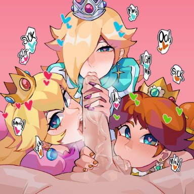 mario (series), nintendo, princess daisy, princess peach, princess rosalina, diforland, 1boy, 3girls, 5 fingers, ball sucking, blonde hair, blue dress, blue eyes, brown hair, clothed female nude male