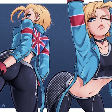 street fighter, street fighter 6, cammy white, lordguyis, 1girls, ass, ass focus, blonde hair, blue eyes, choker, female, female only, gloves, jacket, looking at viewer