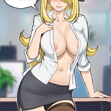 game freak, pokemon, pokemon dppt, cynthia (pokemon), lepypepy, 1girls, areola slip, areolae, big breasts, black eyes, black panties, blonde hair, blush, bottomwear, breasts