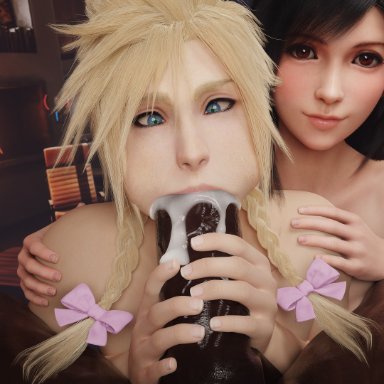 final fantasy, final fantasy vii, final fantasy vii remake, cloud strife, tifa lockhart, liquidsnack, 1girls, 2boys, androgynous, big penis, black hair, blonde hair, blue eyes, braid, braided hair