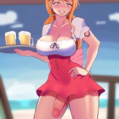 one piece, nami, katsunei, 1futa, areolae, balls, beer, big breasts, big penis, breasts, clothed, clothing, erection, exposed penis, futa only