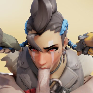 blizzard entertainment, overwatch, overwatch 2, junker queen, junkrat, rwt4184, 1boy, 1girls, blowjob, blowjob face, bodypaint, braid, braided hair, braided ponytail, clothed