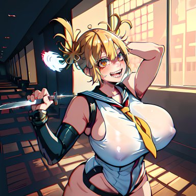 my hero academia, himiko toga, stable diffusion, big areola, big ass, big breasts, big butt, big nipples, blonde hair, crazy eyes, crazy smile, female, girl, huge breasts, huge butt