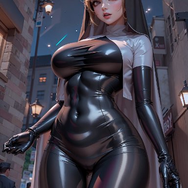 stable diffusion, 1girls, blonde hair, curvy body, curvy female, curvy figure, female focus, female only, latex suit, long hair, nun, nun outfit, skin tight, voluptuous female, ai generated