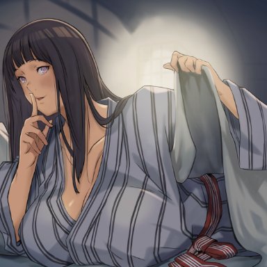 naruto, hyuuga hinata, arado balanga, big breasts, cleavage, giant breasts, hyper, hyper breasts, inviting, inviting under covers, lying, milf, oversized breasts