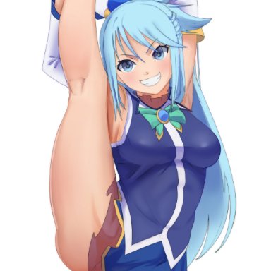 aqua (konosuba), blue eyes, blue gemstone, blue hair, blue shirt, blue skirt, breasts, detached sleeves, feet, female, gem, grin, hair ornament, hitagi kujira, large breasts