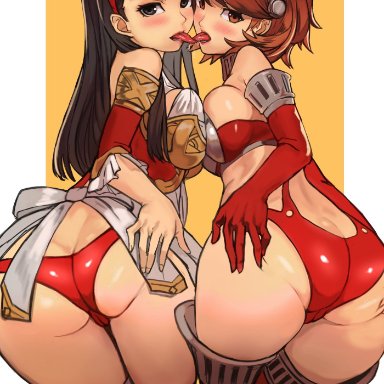 persona, persona 3, persona 4, amagi yukiko, yukari takeba, armor, ass, ass focus, battle panties, bikini, breast squeeze, breasts, headband, kissing, spreading ass