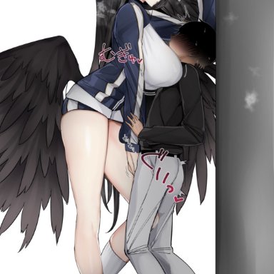 blue archive, hasumi (blue archive), sensei (blue archive), rib:y(uhki), 1boy, 1girls, against wall, belt, black feathers, black hair, black wings, blush, breasts, brown hair, clothed